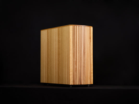 The Genesis wooden PC case by Woodfort Cases made with the straw coloured Tasmanian Oak.