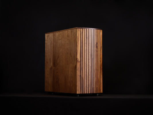 The Genesis wooden PC case by Woodfort Cases made with the chocolate coloured American Black Walnut.